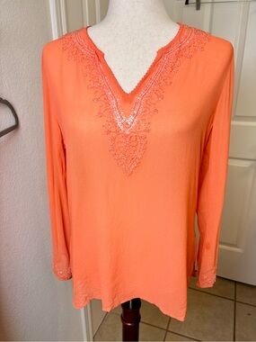 Itsu Silk Bright Orange Embellished Coastal Vacation Resortwear Blouse Top Large